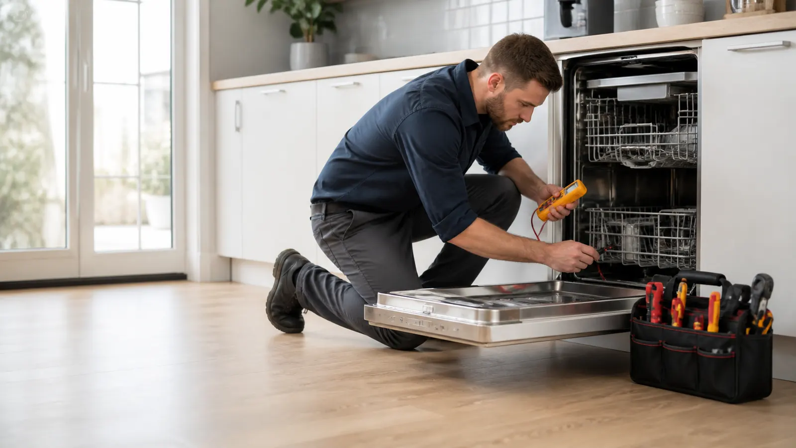Person examining a dishwasher in a home kitchen
