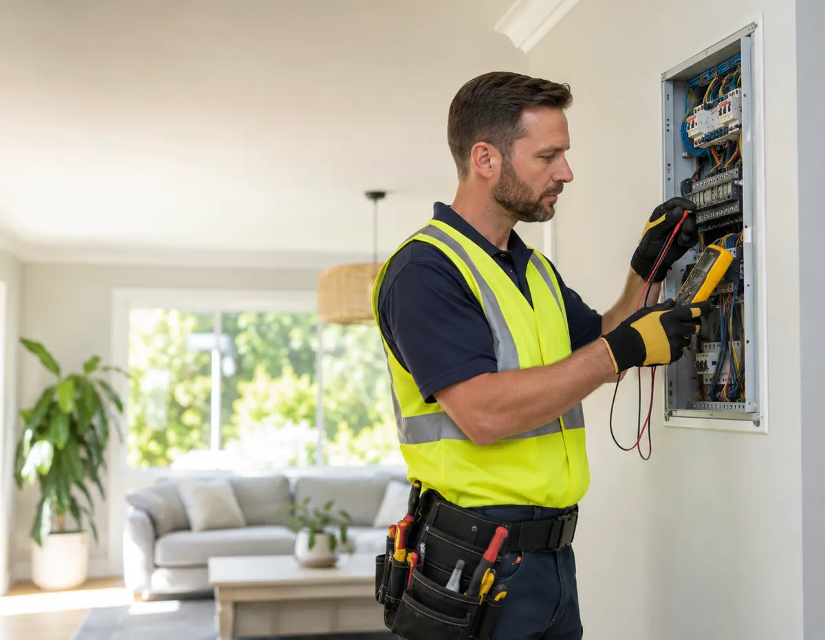 Electrician inspecting an open electrical panel in a residential home