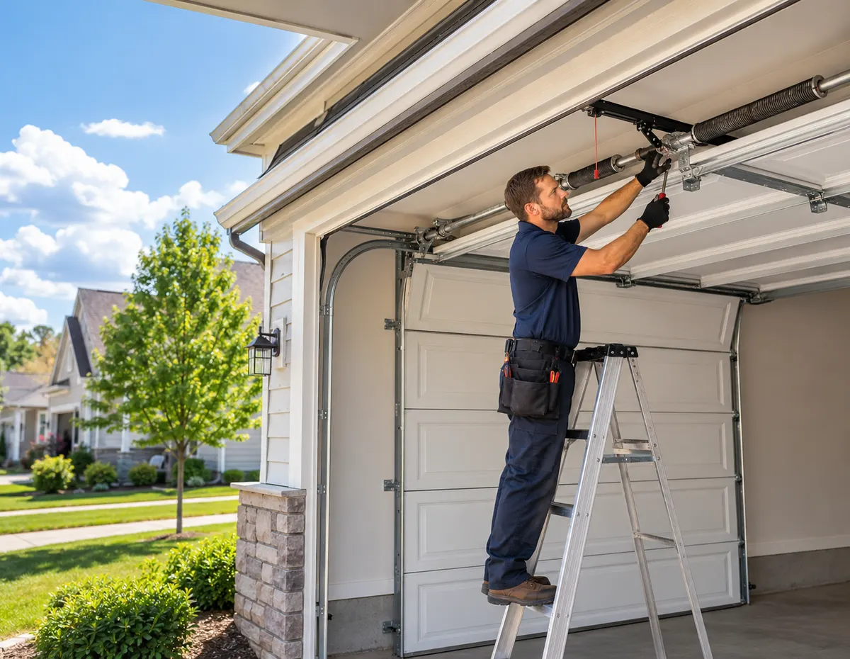Garage door technician on a ladder repairing a residential garage door spring and track