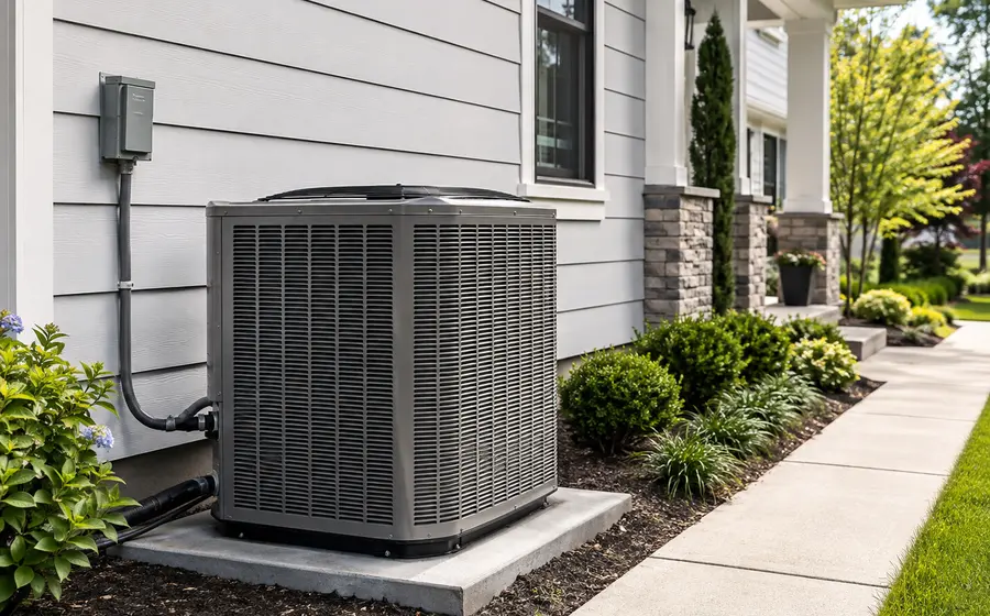 Residential outdoor HVAC condenser unit beside a modern home