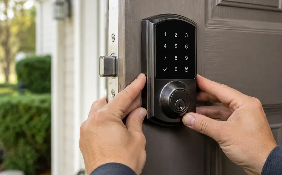 Close-up of a modern smart deadbolt keypad lock on a residential door