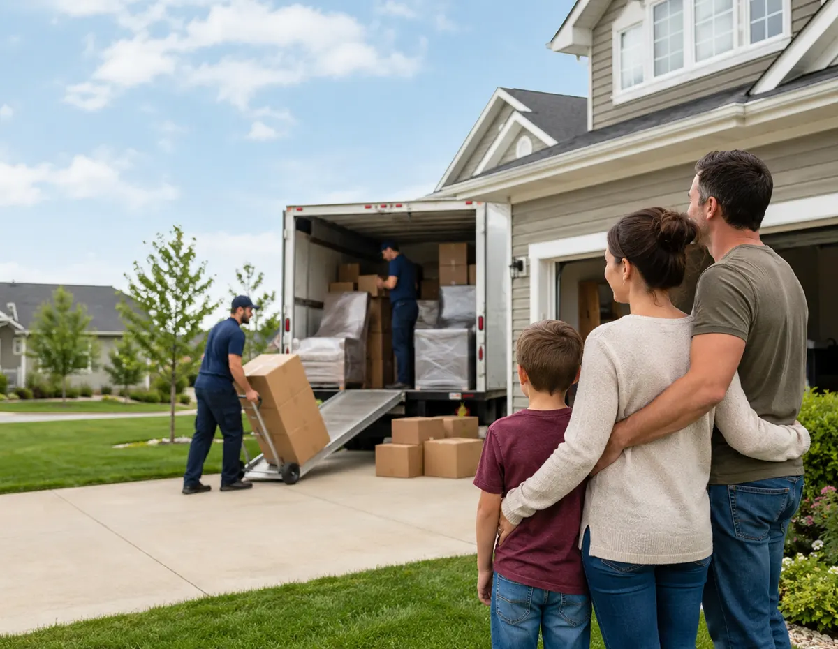 Movers loading boxes and furniture into a moving truck while a family watches from their driveway