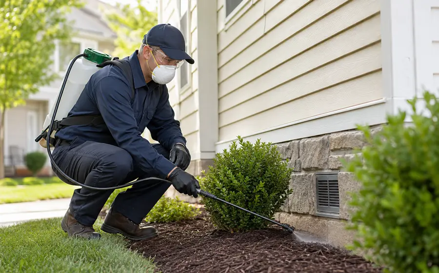 Pest control technician treating the exterior of a suburban home