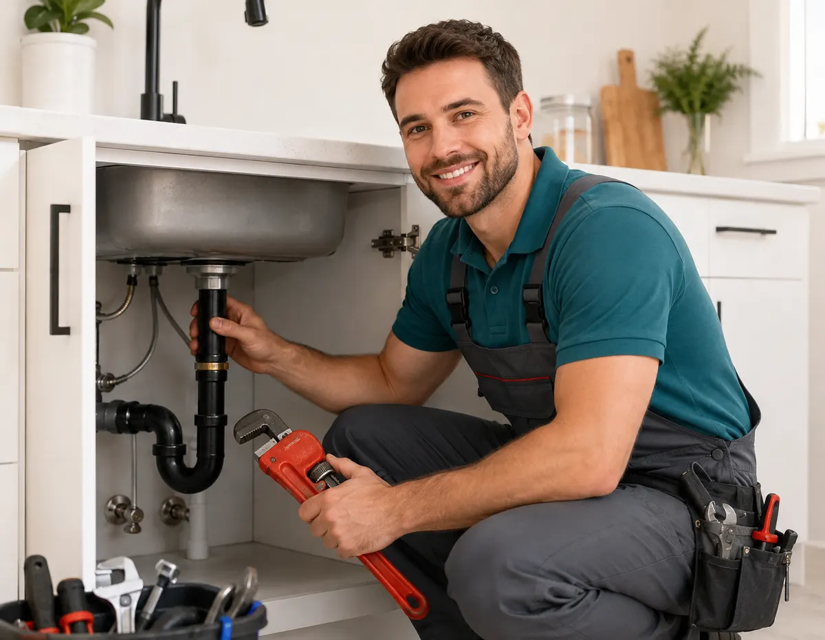 Plumber repairing pipes under a kitchen sink with a pipe wrench