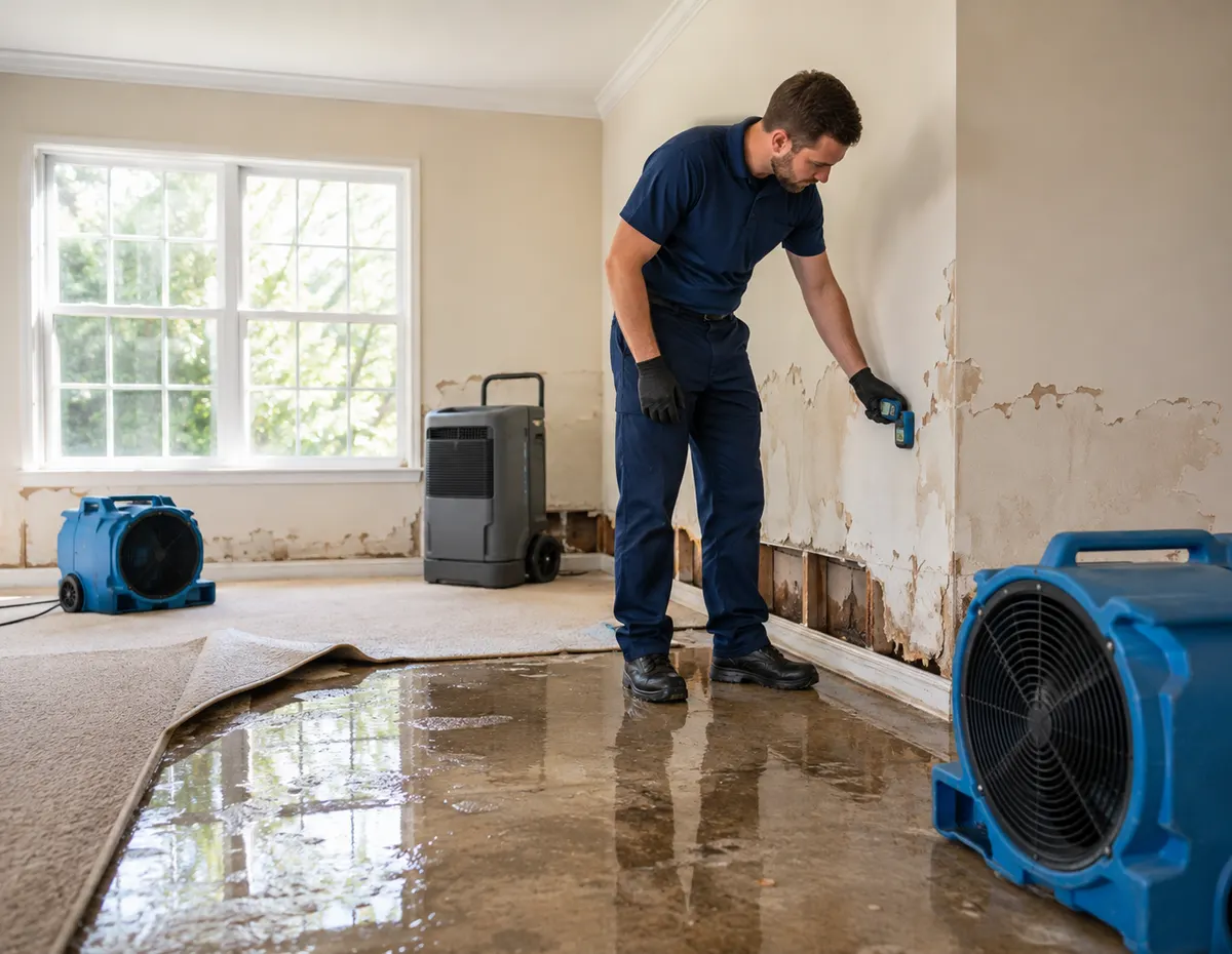 Water damage restoration technician using a moisture meter on a flooded room's water-stained wall, with air movers and a dehumidifier set up on the wet floor